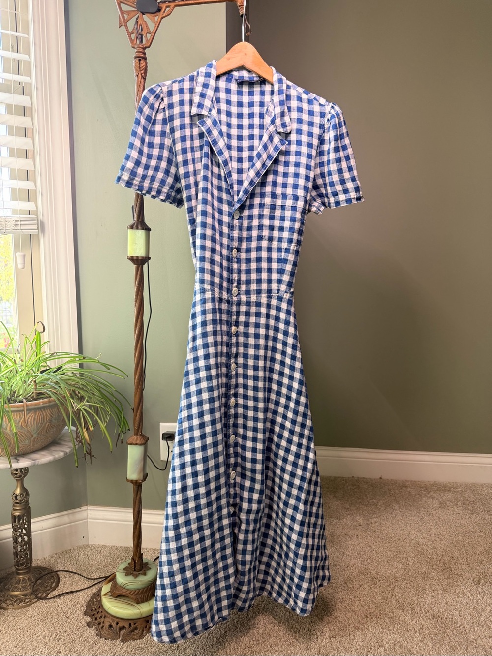 GT-0128 Polo Ralph Lauren 100% Linen Gingham Maxi Shirt Dress 14 Belted